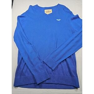 Vintage Y2K Hollister Mens Large V Neck Pullover Sweater Knit Long Sleeve Blue